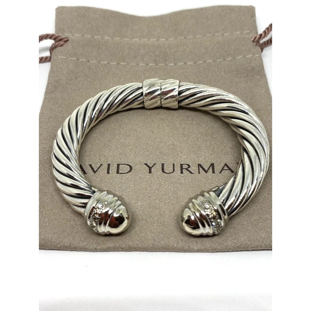 David Yurman Silver 18K  750 Yellow Gold Dome Hinge Diamond 9MM Cable Bracelet